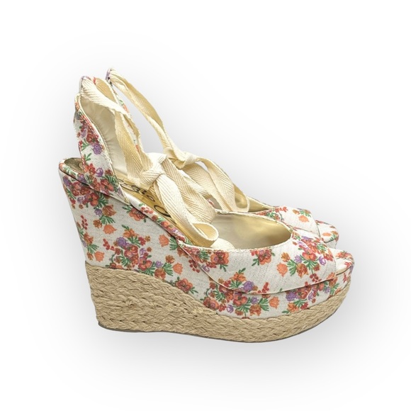 new Sergio Zelcer ❀ Platform Ankle Wrap Floral Print Sandal Espadrilles ❀ Cream - Picture 2 of 16